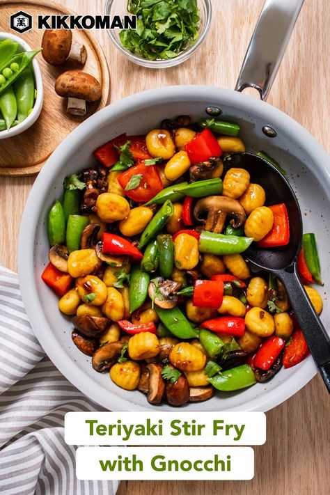 Teriyaki Takumi Gnocchi Stir Fry | Have fun in the kitchen by swapping unexpected ingredients into your favorite recipes! Stir fry recipes typically involve rice, rice noodles, or egg noodles, but how about mixing things up with some gnocchi instead! Gnocchi look like small pasta pockets, but they’re actually little potato dumplings. Combine them in a skillet along with fresh vegetables and some Kikkoman® Teriyaki Takumi, Original for a weeknight dinner with just 7 ingredients. #Kikkoman Recipes Stir Fry, Teriyaki Stir Fry, Teriyaki Recipe, Potato Dumplings, Takeout Food, Fry Recipes, Small Pasta, Stir Fry Recipes, Egg Noodles