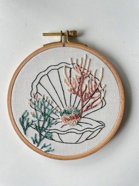 #shell #pearl #embroidery Clam Embroidery, Sea Embroidery Ideas, Ocean Embroidery Patterns, Embroidery Shells, Under The Sea Embroidery, Coastal Embroidery, Seahorse Embroidery, Beach Embroidery Designs, Shells Embroidery