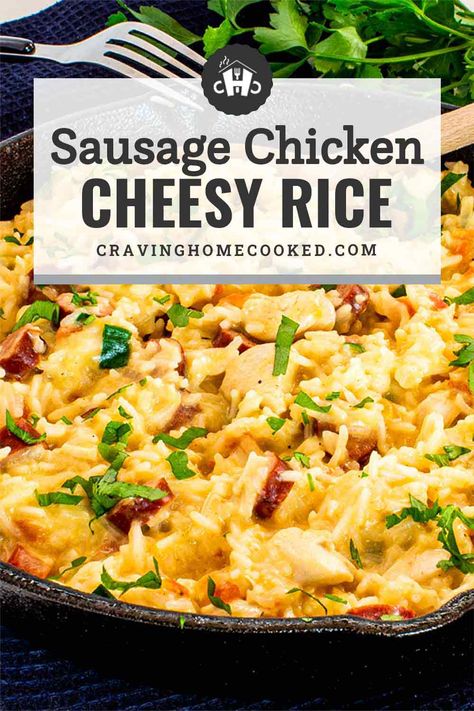 This Sausage Chicken With Cheesy Rice is a 30 minute one-pot wonder. It is a perfect option for a busy weeknight dinner. #smokedsausage #chicken #rice #recipes Chicken And Rice Crockpot, Sausage And Rice Casserole, Chicken Flavored Rice, Cheesy Chicken Rice, Chicken Sausage Recipes, Sausage Recipes For Dinner, Sausage Rice, Dinner Recipes With Ground Beef, Cheesy Rice