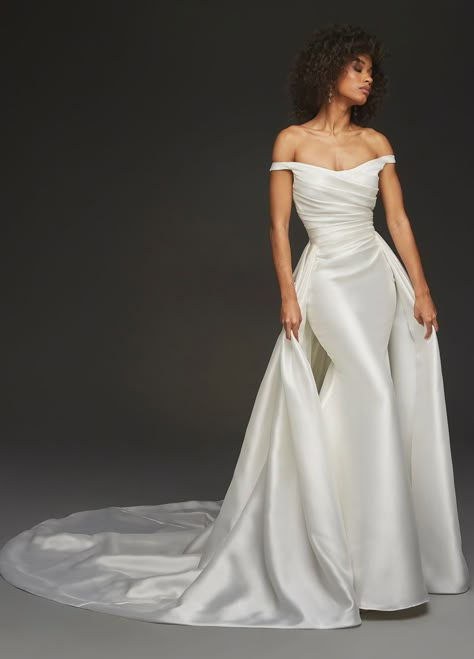 Clean Modern Wedding Dress, Glamorous Satin Wedding Dress With Sweep Train, Off-shoulder Satin Wedding Gown, Off-shoulder Satin Dress With Sweep Train, Luxury A-line Satin Wedding Dress, White Satin Dress With Sweep Train, Detachable Skirt Wedding Dress, Bella Wedding Dress, Clean Wedding Dress