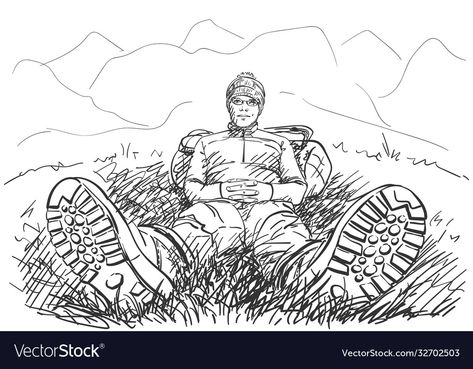 Man Sitting On Ground, Ground Drawing, Sitting On Ground, Trekking Boots, Man Sitting, Vector Sketch, Perspective Drawing, Hand Drawn Illustration, Sketch Inspiration