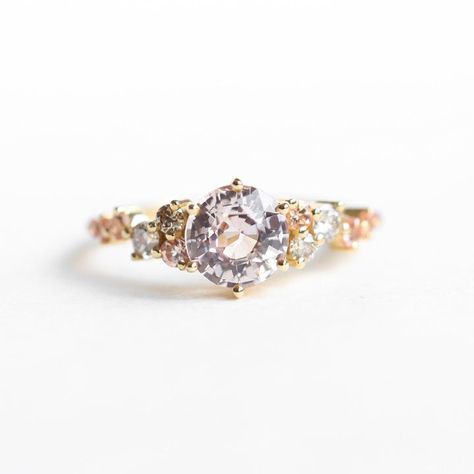 Sunset Ring, Peach Sunset, Yellow Diamond Jewelry, Sapphire Cluster Ring, Triangle Diamond, Peach Sapphire, Flawless Diamond, Diamond Cluster Engagement Ring, Ring Sapphire