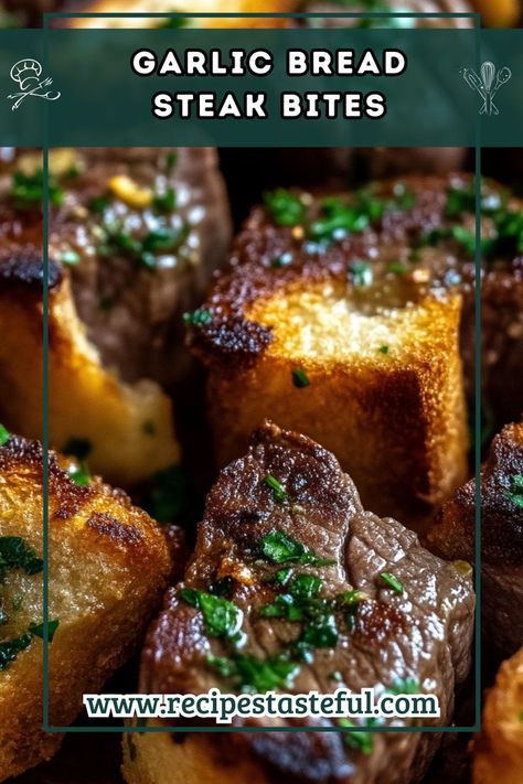 Indulge in these delicious Garlic Bread Steak Bites, featuring marinated steak grilled to perfection and served on toasted French baguette slices. A perfect appetizer or snack that brings the rich flavors of garlic and cheese together! Garlic Bread Steak Bites, Steak Marinated, Steak Grilled, Breaded Steak, Baguette Slices, Hearty Snacks, Olive Oil Garlic, French Baguette, Marinated Steak