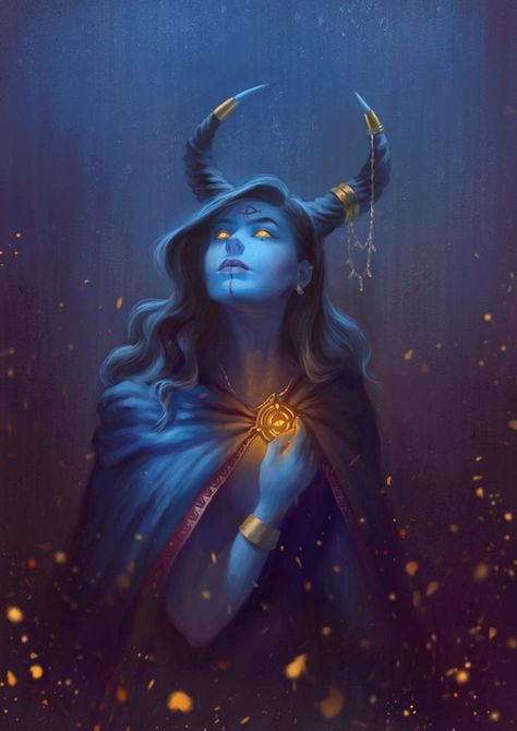 female tiefling sorcerer / oracle / spell caster blue skin and horns - blue and gold theme  DnD / Pathfinder character Blue, Art