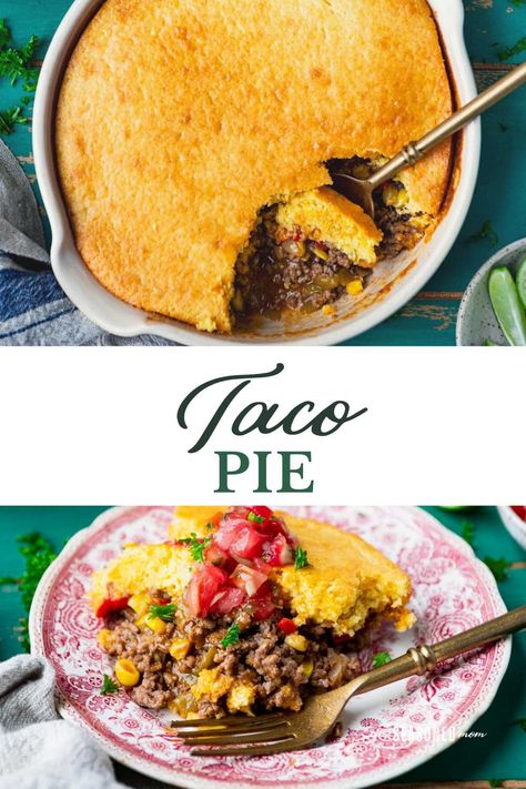 A Mexican-inspired version of chicken potpie, this easy taco pie recipe is a fun twist on a favorite family dinner! Ground beef, zesty seasoning, corn, and peppers are topped with cheese and a cornbread crust for an easy weeknight supper. Easy Taco Pie, Cornbread Taco, Cornbread Crust, Dinner Ground Beef, Taco Pie Recipes, Chicken Potpie, Taco Pie, Pineapple Margarita, Easy Taco