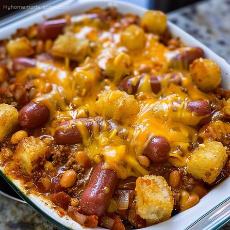 Chili Cheese Hot Dog Tater Tot Casserole, Tater Tot Casserole With Chili, Chili Cheese Dog Casserole Tater Tots, Tator Tot Chili Cheese Dog Casserole, Tater Tot Casserole With Hot Dogs, Tater Tot Chili Dog Casserole, Chili Dog Tater Tot Casserole, Cheesy Tator Tots Recipes, Cheesy Hot Dog Tater Tot Casserole