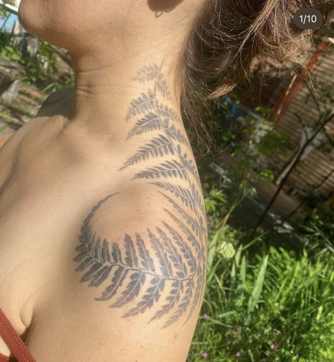 Done by Chas Taylor Findley Plant Root Tattoos, Fern Tattoo On Shoulder, Fern Shoulder Tattoos For Women, Sternum Fern Tattoo, Fern Tattoo Neck, Beargrass Tattoo, Fern Collarbone Tattoo, Greywash Tattoo Ideas, Fern Shoulder Cap Tattoo