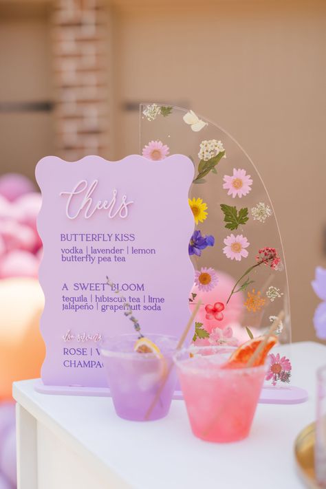 Colorful bar sign, pressed floral, wavy signs, wedding signs, bridal shower signs Butterflies Bachelorette Party, Flowery Bridal Shower Decor, Butterfly Brunch, Wellness Party, Prosecco Party, Floral Bar, Pressed Floral, Bridal Shower Inspo, Menu Wedding