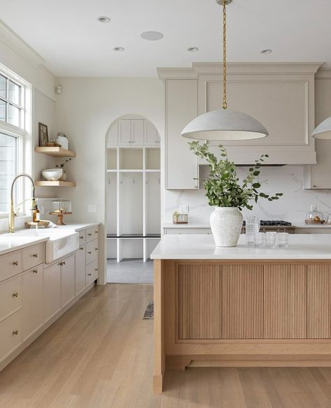 Organic Modern Kitchen Cabinets, White Kitchen Oak Island, White Oak Vent Hood, Cream And Wood Kitchen, Kitchen White Oak, 2025 Kitchen, Organic Modern Kitchen, Kitchen Renovation Inspiration, Open Plan Kitchen Dining Living