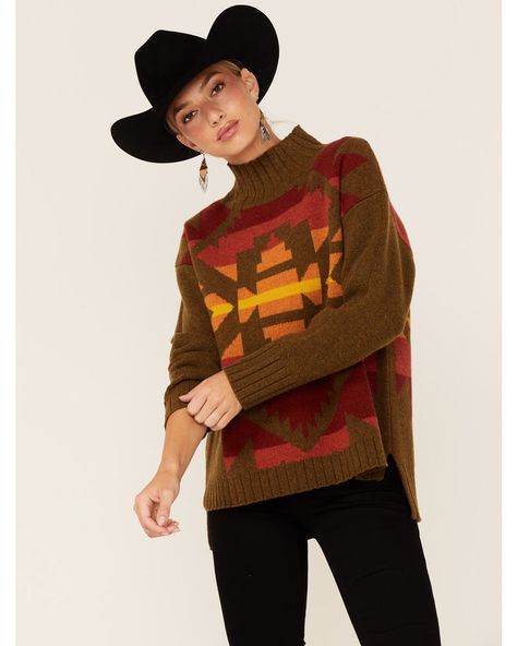 Pendleton Womens Colorful Pattern Turtleneck Sweater, Bronze Outfits With Scarves, Pattern Turtleneck, Pendleton Sweater, Turtleneck Style, Orange And Gold, Pretty Fabric, Women's Sweaters, Gold Orange, Mixing Prints