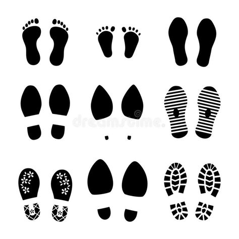 Footprints. Shoes and legs human steps, baby child and grown man footsteps, people funny step prints symbols. Vector royalty free illustration Art Deco Logo, Aesthetic Templates, Doodle Frames, Silhouette People, People Funny, Doodle Icon, Geometric Logo, Ornament Frame, Grown Man