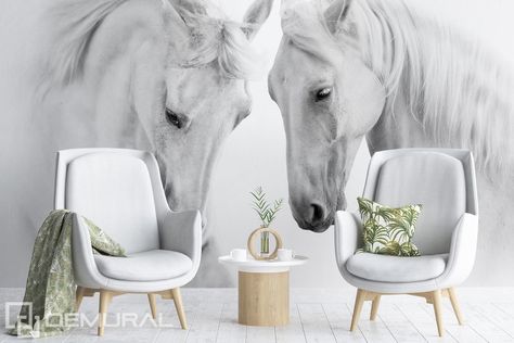 Wallpaper In Black And White, White Horse Photography, Horse Mural, Wallpaper In Black, Wall Painting Living Room, Black And White Minimalist, Large Mural, Horse Wallpaper, Guest Room Decor