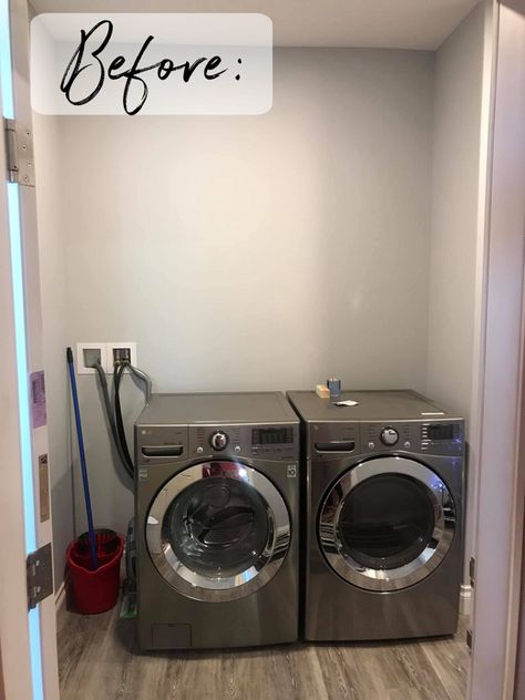 Vinyl "Shiplap" Laundry Room Makeover - The Happy Farmhouse Shiplap Wall Utility Room, Budget Friendly Laundry Room Makeover, Cabinets Over Washer And Dryer, Coastal Laundry Room Ideas, Laundry Room Wall Ideas, Laundry Room Shiplap, Shiplap Laundry Room, Red Washer And Dryer, Budget Laundry Room Makeover