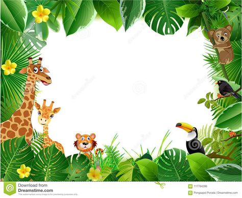 Bright Tropical Background With Cartoon; Jungle; Animals; Stock Illustration - Illustration of graphic, children: 117764286 Safari Background Jungle Theme, Jungle Theme Background, Jungle Animals Illustration, Safari Background, Landscape Jungle, Nature Banner, Plants Cartoon, Cartoon Jungle, Jungle Drawing