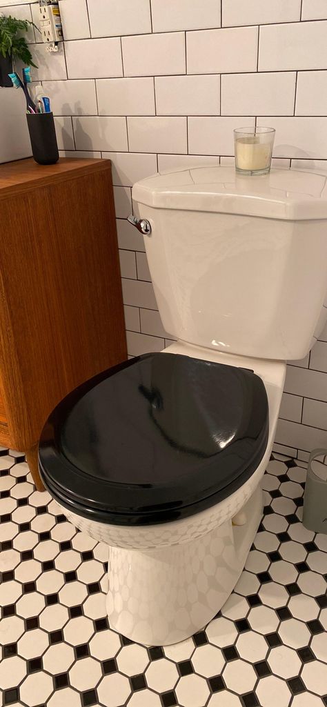 Black Toilet Handle, Crapper Toilet, Vintage Toilet Bowl, Black Toilet Seat, White Toilet Black Lid, Black Toilet Seats, Black Toilet, Toilet Seat, Bathroom Inspiration