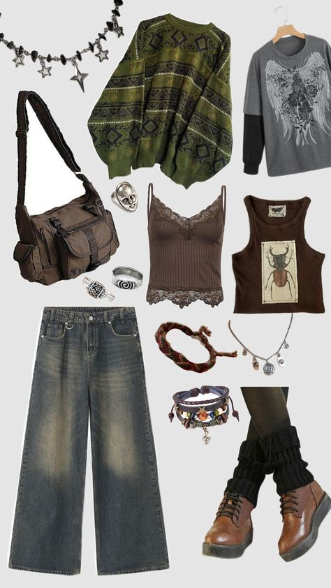 #outfit #goblingrunge Hippie Concert Outfit Ideas, Alt Hiking Outfit, Changelingcore Outfit, Grampa Core Outfits, Earth Goth, Earthy Grunge Outfits, Aethstetic Clothes, Earthcore Outfits, Hippie Grunge Outfits