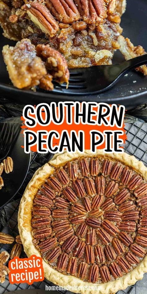 This easy, southern pecan pie recipe from Home. Made. Interest. is a delicious, ooey gooey pie packed with pecans and baked into a flakey crust. You can make this pecan pie with a homemade crust or a store bought crust. Pecan pie is a classis Thanksgiving or Christmas dessert recipe that is so easy to make and totally delicious. This is a great pie for beginners to make, because it turns out perfect every time! Southern Pecan Pie Recipe, Southern Pecan Pie, Homemade Crust, Classic Thanksgiving, Fall Baking Recipes, Best Thanksgiving Recipes, Thanksgiving Food Desserts, Pecan Pie Recipe, Christmas Food Desserts