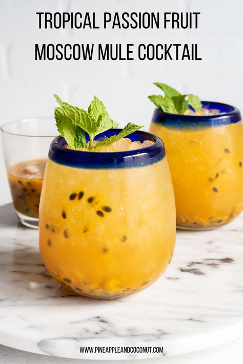 A delicious tropical riff on a classic cocktail made with fresh passion fruit and pineapple vodka. Passion Fruit Whiskey Cocktail, Pineapple Vodka, Cocktail Vodka, Passionfruit Recipes, Moscow Mules, Mule Cocktail, Cocktail Ideas, Drink Drank Drunk, Fruit Cocktails