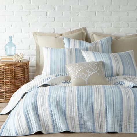 Levtex Home - Ipanema Quilt Set - Full/Queen Quilt + Two Standard Pillow Shams - Coastal - Blue, Taupe and Cream - Quilt Size (88x92in.) and Pillow Sham Size (26x20in.) - Reversible - Cotton Fabric - Walmart.com - Walmart.com Florida Decorating, Beach Room Decor, Beach Themed Bedroom, King Quilt Sets, Cotton Quilt Set, Pond Life, Beach Room, Queen Size Quilt, King Pillows