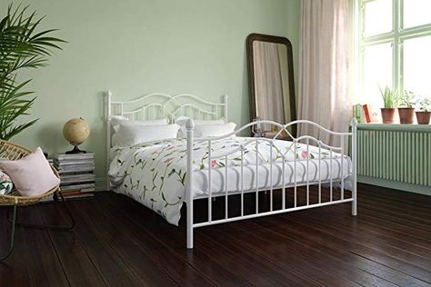 Bedroom With White Metal Bed, Cute Metal Bed Frames, Wire Bed Frame, Cute Bed Frames, White Metal Bed Frame, Bed Frame Metal, White Metal Bed, Bedroom Decorate, Queen Metal Bed