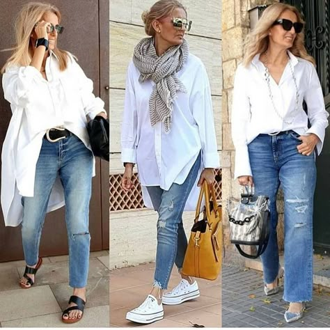 Oversized White Shirt, Casual Chic Outfits, White Shirt Outfits, Most Comfortable Jeans, Stylish Outfits For Women Over 50, Jeans Outfit Women, 60 Fashion, Outfit Jeans, Elegante Casual