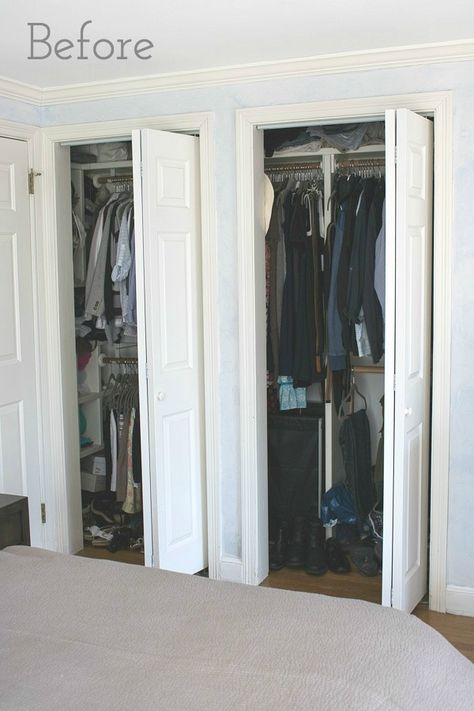 The "before" pic of this amazing closet makeover - I've got to do this to our closet!! Closet Door Alternative, Curtains For Closet Doors, Small Master Closet, Diy Closet Doors, Bedroom Closet Doors, Closet Small Bedroom, Ideas Closet, Closet Door Makeover, Fresh Bedroom