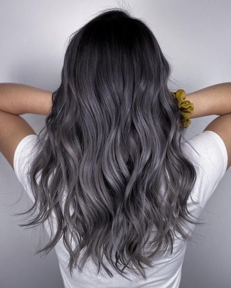 Charcoal Balayage with Gray Highlights Ash Streaks, Highlights For Gray Hair, Dark Hair Bobs, Charcoal Grey Hair, Dark Grey Hair Color, Balayage Hair Grey, Charcoal Hair, Gray Highlights, Dark Grey Hair