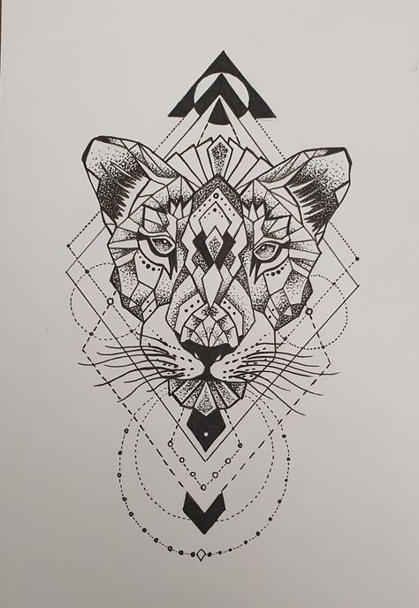 Dotwork, line art, geometric lion tattoo design. Geometric Lion Tattoo Design, Drawing Big Cats, Lioness Tattoo Design, Line Art Geometric, Geometric Wolf Tattoo, Justice Tattoo, Geometric Lion Tattoo, Lion Lioness, Jaguar Tattoo