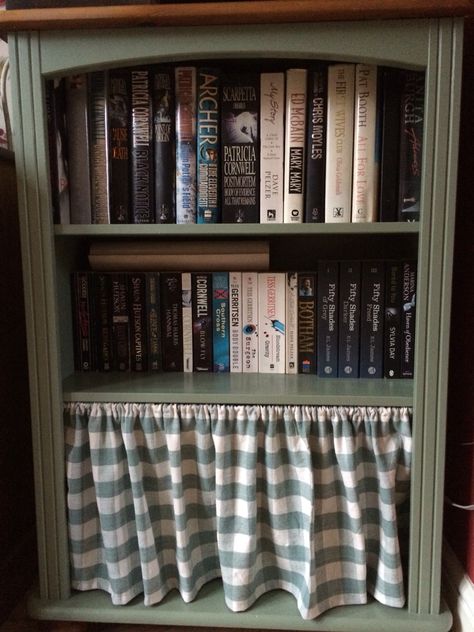 Curtains On Bookshelves, Upcycled Bookshelf, Hiding Storage, Bedroom Alcove, Office Upgrade, Bookshelf Makeover, Bookcase Makeover, Hidden Book, Shelves Ideas