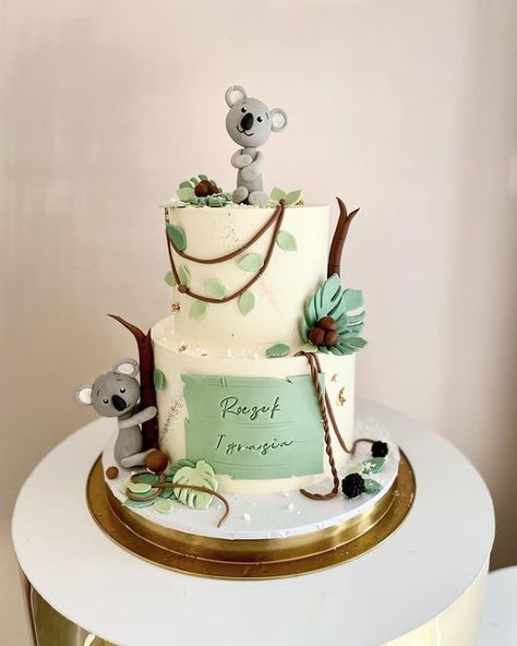 Koala Birthday, Baby Boy Birthday Cake, Animal Birthday Cakes, Woodland Cake, Cake Models, Two Tier Cake, Cake Boards, Baby Boy Birthday, Cakes For Men