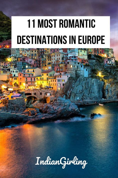 Heading to Europe for a romantic vacation? Check out these 11 most romantic destinations in Europe that are perfect for quick getaways and long vacations for couples that you're bound to fall in love with. From Cinque Terre to classics like Paris & Florence, we got you covered! #mostromanticplacesineurope #europetraveltips #indiangirling #honeymoon #romanticdestinations #europegetaways #itineraryideas Best Couple Holiday Destinations, Romantic European Vacation, Romantic European Destinations, Romantic Trips For Couples, Romantic Holiday Destinations, Romantic Trips, European Honeymoon, Romantic Travel Destinations, Couple Travel