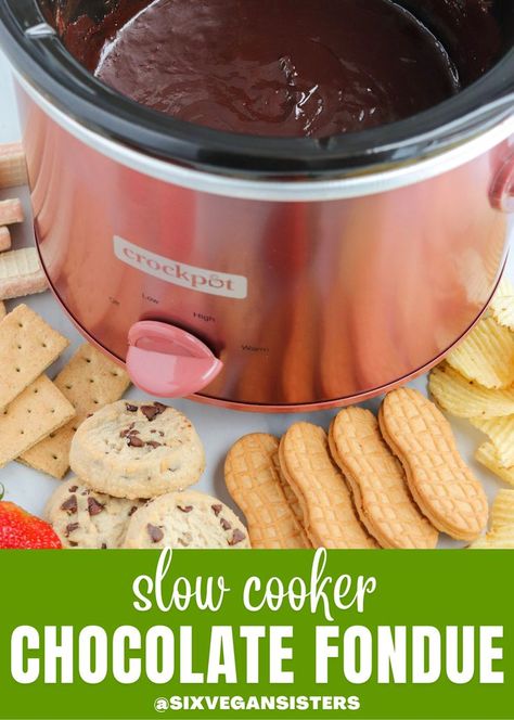 This Chocolate Fondue requires just 4 ingredients and 30 minutes! Plus, it stays warm in the Crockpot™ Design Series 3 QT Manual Slow Cooker all night long. Get a @crockpot slow cooker of your own here: [https://bit.ly/38iMBAp] #vegan #veganrecipes #vegandesserts #veganglutenfree #crockpot #crockpotrecipes #slowcookerrecipes #slowcookerdesserts #slowcookerideas #crockpotrecipe #sixvegansisters Crockpot Fondue, Six Vegan Sisters, Crockpot Vegan, Fondue Chocolate, Crockpot Slow Cooker, Dessert Recipes Cookies, Slow Cooker Desserts, Vegan Christmas, Crock Pot Slow Cooker