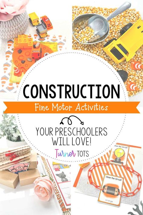 Create construction-themed centers and activities in your classroom that your students will beg to visit again and again! Each of Turner Tots’ construction theme fine motor activities will build and reinforce fine motor skills. Play dough, legos, a sensory bin, and STEM activity are all included in this fine motor bundle. Click to see each of these activities and leave with inspiration for your construction fine motor activities for toddlers! Tools And Machines Prek Activities, Building Preschool Activities, Construction Activities For Toddlers, Building Preschool, Fun Fine Motor Activities, Construction Preschool, Fine Motor Activities For Toddlers, Turner Tots, Motor Activities For Toddlers