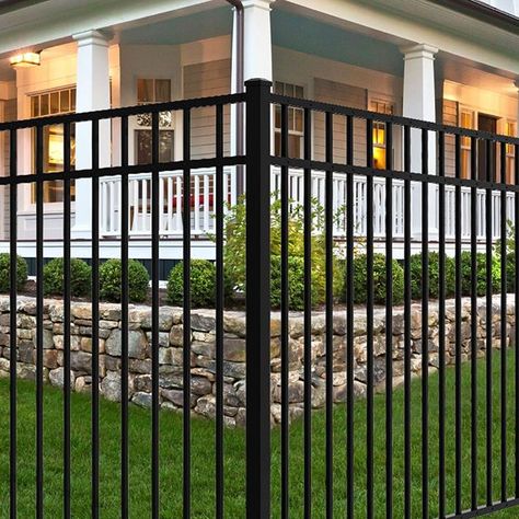 The Vinnings fence features a 3-rail design and is the perfect compliment to any backyard ⁣ .⁣ .⁣ #forgerightfence #forgeright #fence #fencing #diyfence #aluminumfencing #aluminum #decorativefence #backyardfence #buildingfence #backyard #fencingsolutions Fence Around Patio, Black Aluminum Fence, Metal Fence Panels, Aluminum Fencing, Black Fence, Gate Post, Thatched House, Front Fence, Pintura Exterior