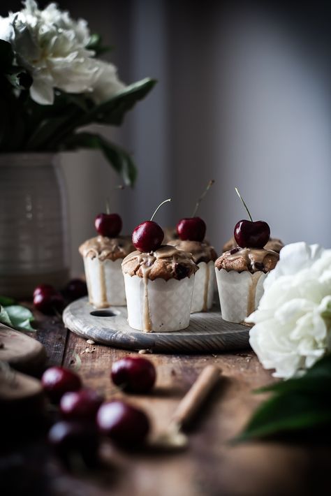 Cherry Oat Muffins with Brown Butter Vanilla Bean Glaze | Vegan recipe | Cherry Muffins | Moody Photography | Food Styling | Food Photography | Light | Cherry Coconut, Dark Food, Oat Muffins, Food Photography Inspiration, Baking Tins, Chocolate Frosting, Brown Butter, Beautiful Food, Stick Of Butter