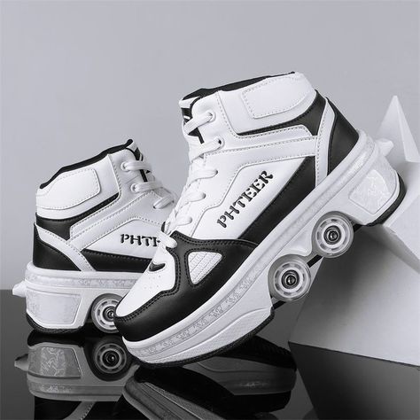 Kasut Aesthetic, Shoes Roller Skate, Shoes With Roller Skates, Roller Shoes Sneakers, Roller Skates Shoes, Kick Roller Shoes, Retractable Wheels, Roller Skating Shoes, Sneakers With Wheels