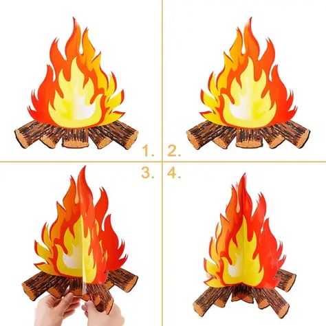 Cardboard Campfire, Campfire Party Decorations, Campfire Centerpiece, Summer Party Centerpieces, Fire Pit Spark Screen, Kids Party Centerpieces, Camping Party Ideas, Fake Fire, Campfire Party