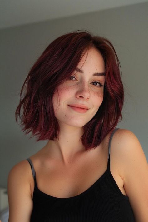 Hair Color For Short Bob Haircut, Short Hair Different Colors, Brown Red Bob Haircut, Short Red Brunette Hair, Ginger Bob Haircut, Red Bob Hair With Bangs, Mahogany Bob Haircut, Burgundy Hair Blue Eyes Pale Skin, Brunette Bob Bangs