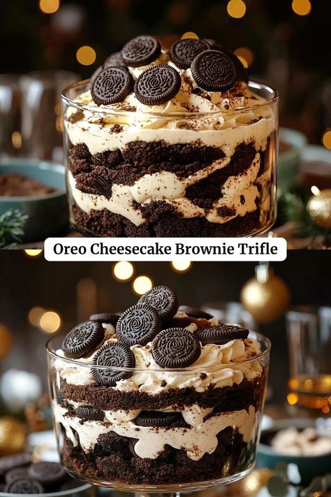 This Oreo Cheesecake Brownie Trifle is the ultimate dessert for chocolate lovers! With layers of fudgy brownies, creamy Oreo cheesecake filling, whipped cream, and chocolate sauce, this trifle is a rich, decadent treat that’s perfect for potlucks or any special occasion. Oreo Brownie Cheesecake, Oreo Brownie Trifle, Oreo Cheesecake Filling, Brownie Trifle Recipe, Oreo Trifle, Chocolate Oreo Cheesecake, Oreo Brownie, Oreo Filling, Brownie Trifle