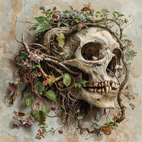 Gcse Art Natural Forms Final Piece, Decay Art A Level, Natural Decay Art, Natural Forms Gcse Final Piece, Remnants Art Gcse, Overgrown Tattoo, Growth And Decay Art Gcse, Overgrown Skull, Growth And Decay Art