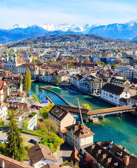 View of the Reuss river and old town of Lucerne (Luzern) city from above, Switzerland Switzerland City, Village Mountain, City From Above, Nice Scenery, Luzern Switzerland, Switzerland Photography, Switzerland Cities, Switzerland Travel, Family Illustration