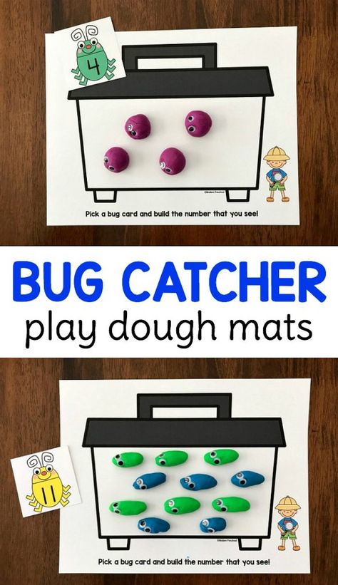 FREE printable bug catcher counting & number play dough mats for preschool and pre-k kids to practice number identification, number words, counting 1-20, 1:1 correspondence, and fine motor skills while creating play dough insects! Perfect for a reusable math center or bug themed busy bag. Insect Study Creative Curriculum, Crawling Insects Preschool, Bug Counting Preschool, Build A Bug Playdough, Insect Small Group Preschool, Bug Study Observation, Preschool Insects Activities, Bug Playdough Mats, Counting To 120