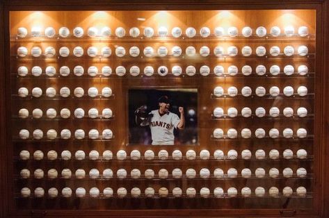 Baseball Collection Display, Baseball Memorabilia Display, Indoor Theater, Sports Memorabilia Room, Baseball Furniture, Man Cave Bar Diy, Geek Man Cave, Sports Memorabilia Display, Classy Man Cave