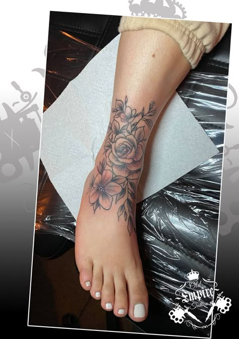 Roses Ankle Tattoos For Women, Hibiscus Flower Leg Tattoo, Rap Around Ankle Tattoo, Roses Ankle Tattoo, Rose Tattoos Ankle, Ankle Tattoo With Heels, Women Foot Tattoos Ideas, Cute Ankle Tattoos For Women Wrap Around, Womens Ankle Tattoo