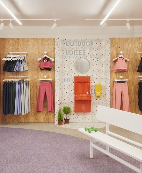 Activewear brand Outdoor Voices flexes its design muscles in its latest stores - AN Interior Boutique Checkout Counter, Checkout Counter Ideas, Counter Ideas, Checkout Counter, Wellness Store, Yoga Store, Fitness Boutique, Boutique Inspiration, Retail Interior Design