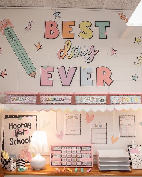 BEFORE and AFTER… Swipe right for the transformation! Teacher workspace inspiration! 😍 We gave Avery her own space filled with lots of organization and storage! This space also doubles as a small group area! #classroommakeover #classroomsetup #classroomtransformation #teacherdesk #teacherdecor #teacherworkspace #classroomideas #classroominspiration #beforeandafter Amazing Work Wall Classroom, Cricut Classroom Decor Wall Decals, First Grade Classroom Set Up Ideas, Pastel Classroom Door Decor, Kindergarten Classroom Pastel Theme, Happy Classroom Theme, Pastel Classroom Decor Ideas, Pastel Color Classroom Theme, Classroom Decor 2024-2025