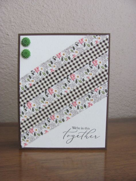 Send words of encouragement with this unique card. This card is crafted using high-quality acid and lignin free card stock and patterned paper. The outside is embellished with fabric washi tape, green resin flowers, and has a hand-stamped sentiment that says "We're in this together". The inside sentiment is hand-stamped and says "I can't promise to always fix your problems, but I can promise you won't face them alone."  The back of this card is hand-stamped with my logo stamp and the Stampin' Up! Copyright stamp. This dark brown colored card measures 4.25" by 5.5" and comes with white envelope. This card and envelope is placed in a clear, plastic envelope to protect the outside of the card. All cards are handmade and one of a kind. Please browse through my shop for other greeting cards and Home Made Cards Ideas, Washi Tape Cards Ideas, Cards Using Scraps Of Paper, Diy Washi Tape Cards, Greeting Card Holder, Strip Cards, Iris Paper Folding, Quilt Cards, Scrappy Cards