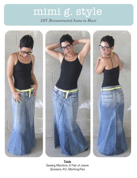 DIY TUTORIAL!!! Reconstructed Jeans to Fabulous Maxi! Plus many other DIY skirts and dresses, that are so cute!  I actually tried this for Ella. So easy and finished in about an hour. Need to try to make one for me. Vestiti In Jeans, Diy Skirts, Mimi G, Diy Jeans, Fashion Tutorial, Jeans Diy, Old Jeans, Mode Inspiration, Upcycle Clothes