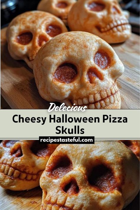 Cheesy Halloween Pizza Skulls are a fun and spooky Halloween treat that combines pizza dough with gooey cheese and various toppings. Shaped like skulls and served with marinara sauce for dipping, these mini pizzas are perfect for Halloween parties or themed dinners. Spooky Party Food, Fun Family Dinners, Pizza Skulls, Skull Pizza, Spooky Dinner, Halloween Pizza, Pizza Shapes, Pizza Appetizers, Fun Halloween Food