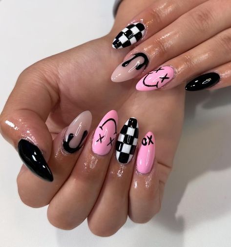 Rock N Roll Nail Ideas, Coffin To Almond Nails, Edc Nails Designs Almond, Skater Nails Acrylic, Edm Concert Nails, Jelly Roll Concert Nail Ideas, Goth Girl Nail Ideas, Rock Concert Nails Ideas, Avril Lavigne Inspired Nails